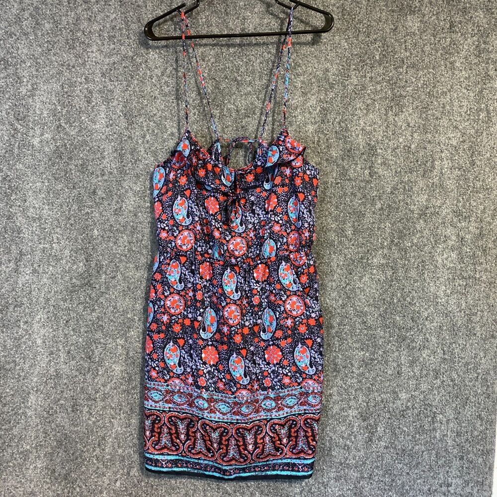 American Eagle Dress Womens Large Blue Red Floral Pocket Ruffled Sundress BOHO